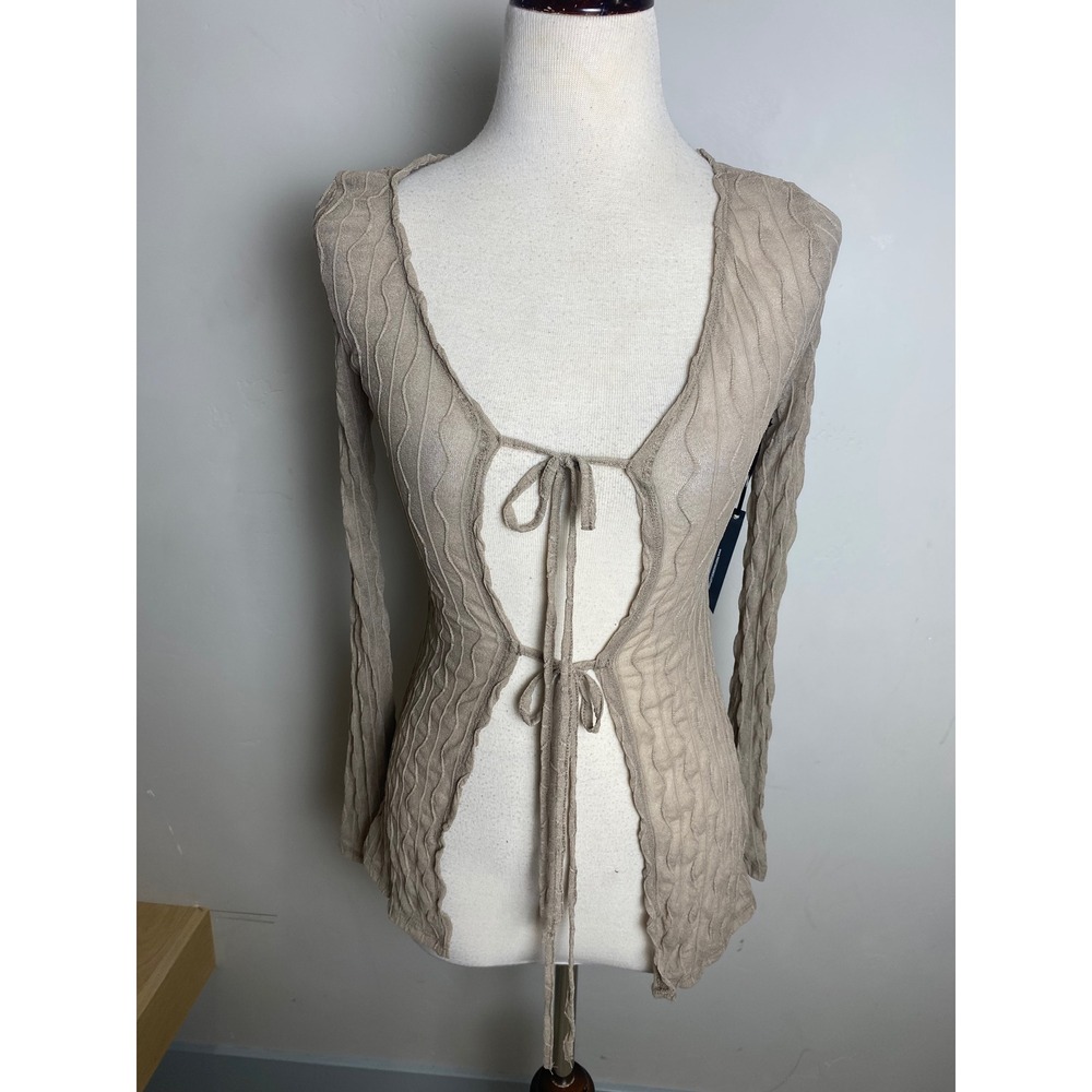 Mary & Mo Beige Textured Wavy Knit Tie Front Long Sleeve Top XS NWT